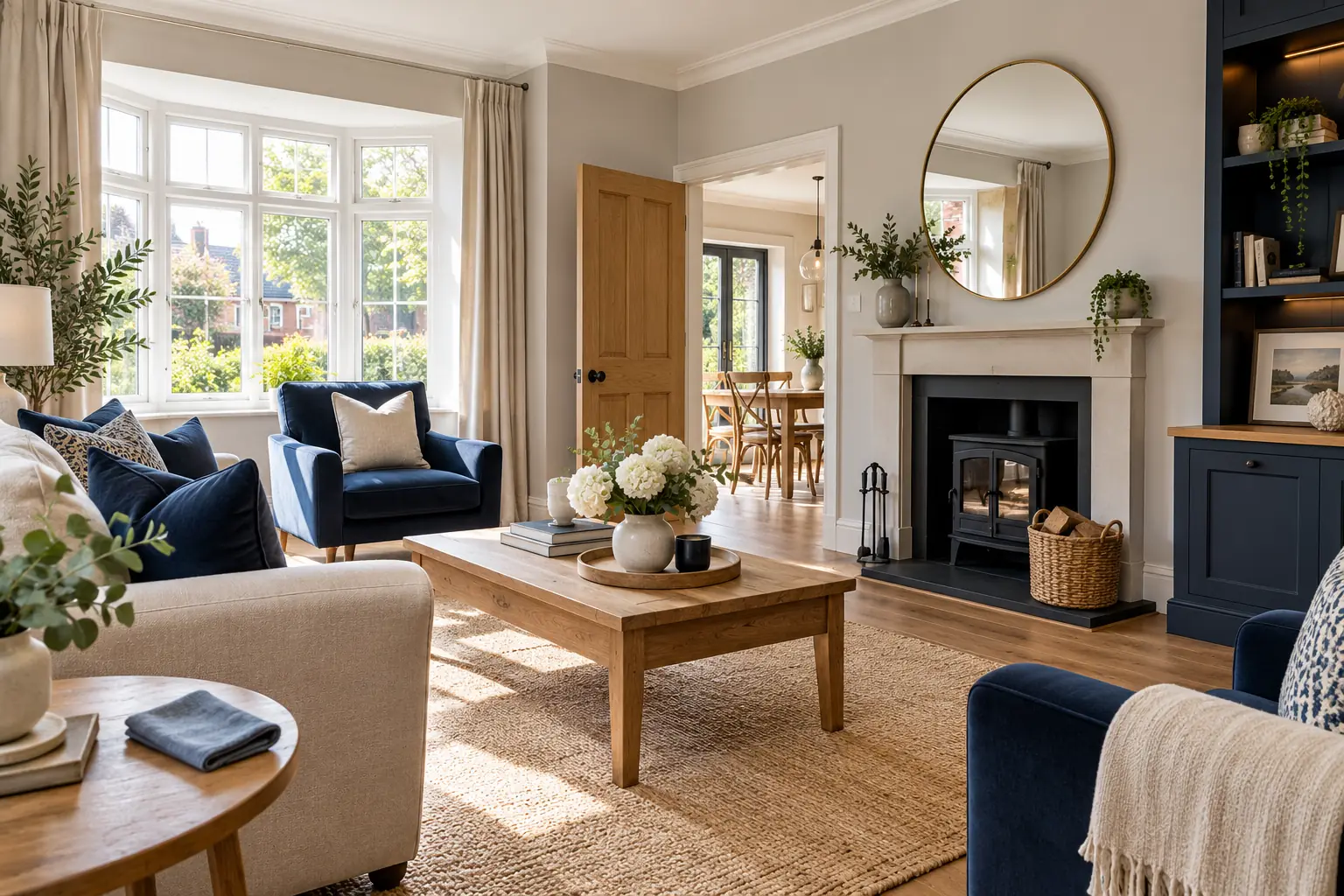 A bright, freshly cleaned living room with a fireplace and navy armchairs