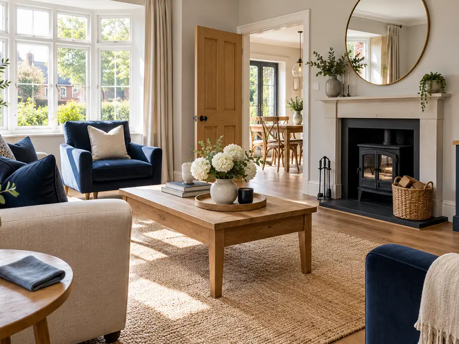 A bright living room with a coffee table and fireplace
