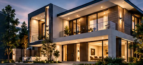 A modern house at dusk